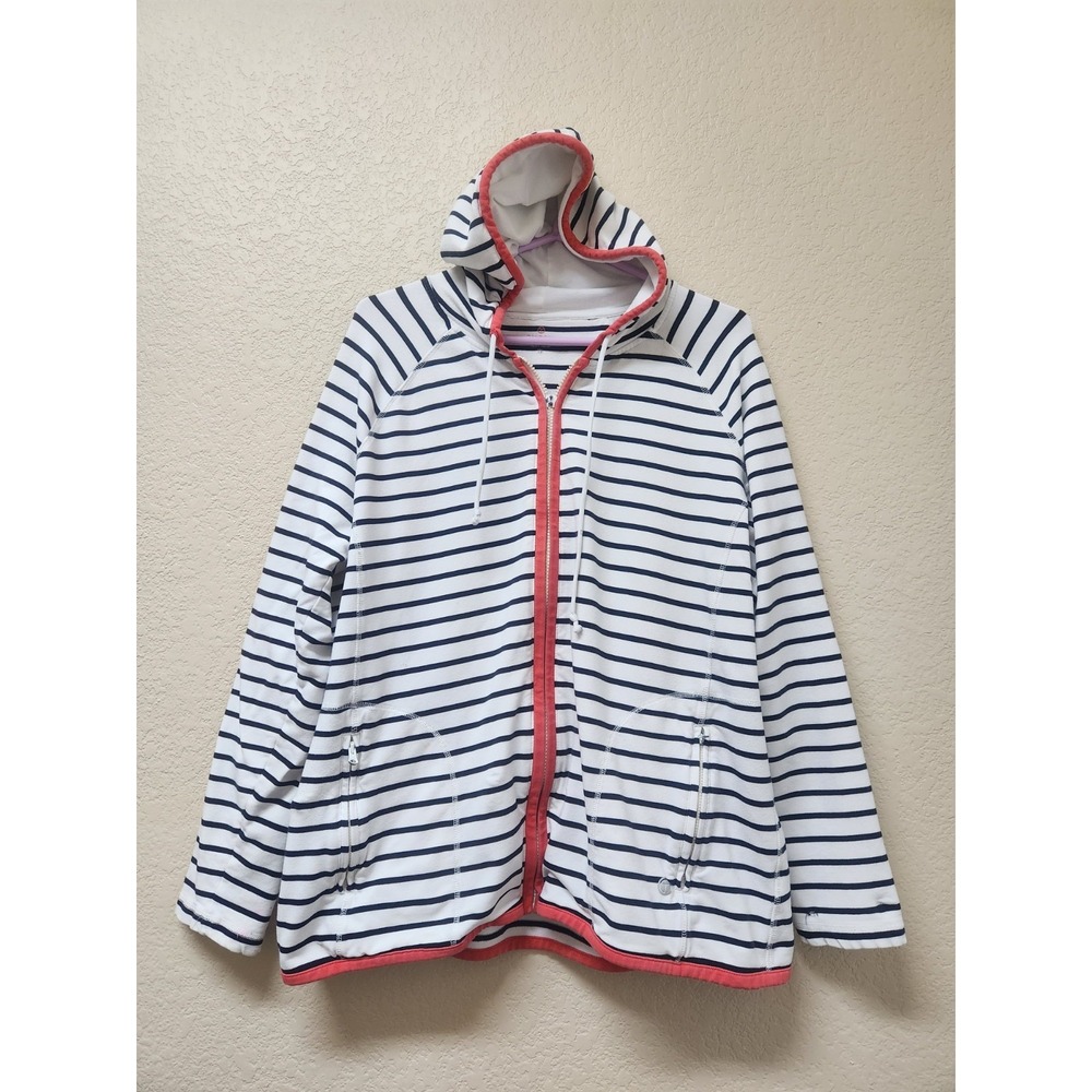 Talbots Striped Hoodie Women XL 1X Full Zip Jacket Navy Blue Whit Coral Sweater